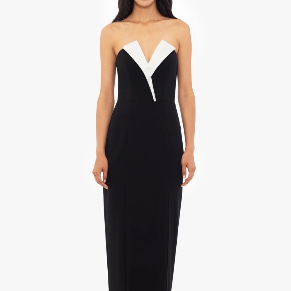 "VIOLETTE" LONG STRAPLESS V NECK TUXEDO DRESS